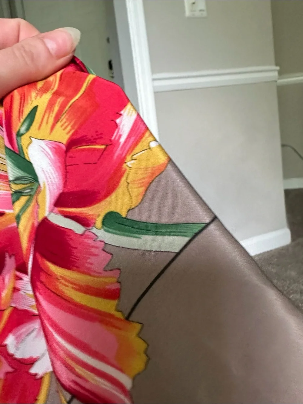Floral 100% Silk Scarf in Taupe with Red & Peach Blooms Tulip Italian